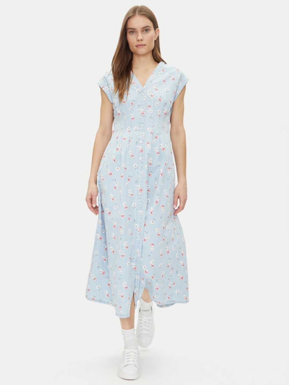 GAP Women’s 100% Cotton Pleated Denim Maxi Dress in Multi Floral Print - Size M